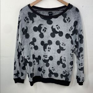 Disney Mickey Mouse Print Velour Crewneck Sweater Top Size L Grey Fleece Warm